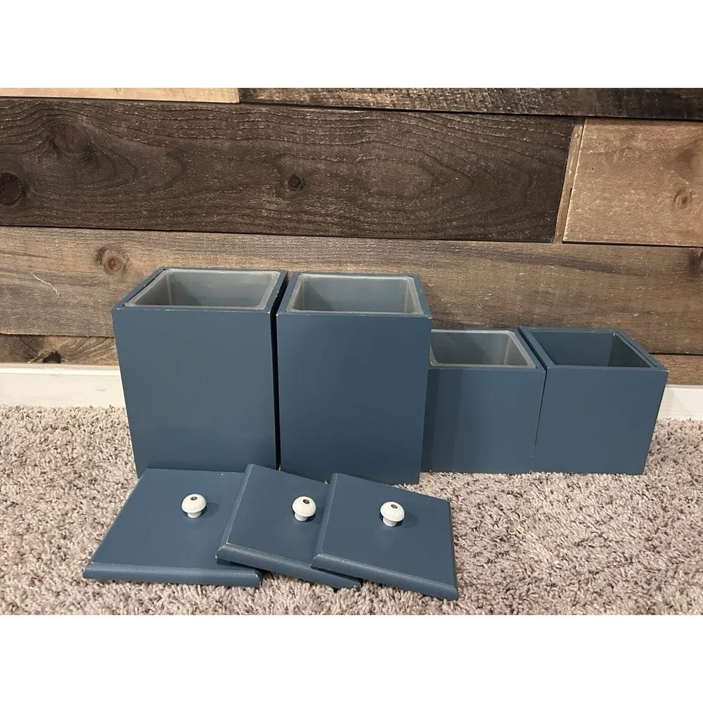 Four Vintage Blue Painted Floral Farmhouse Wooden Kitchen‎ Canister READ